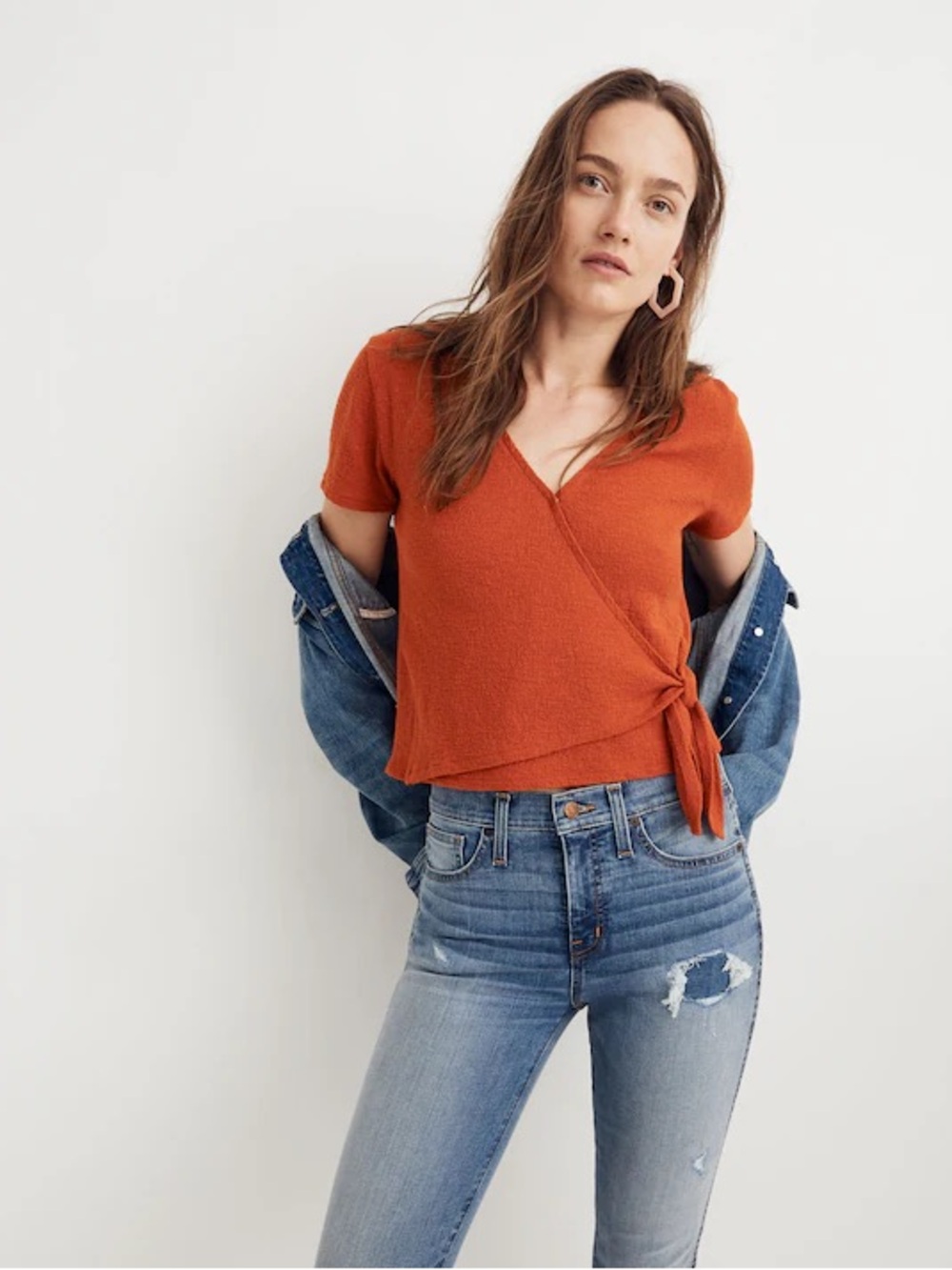 Madewell Wrap Tie Front Top Women’s M Short Sleeve Textured Burnt Orange Cotton